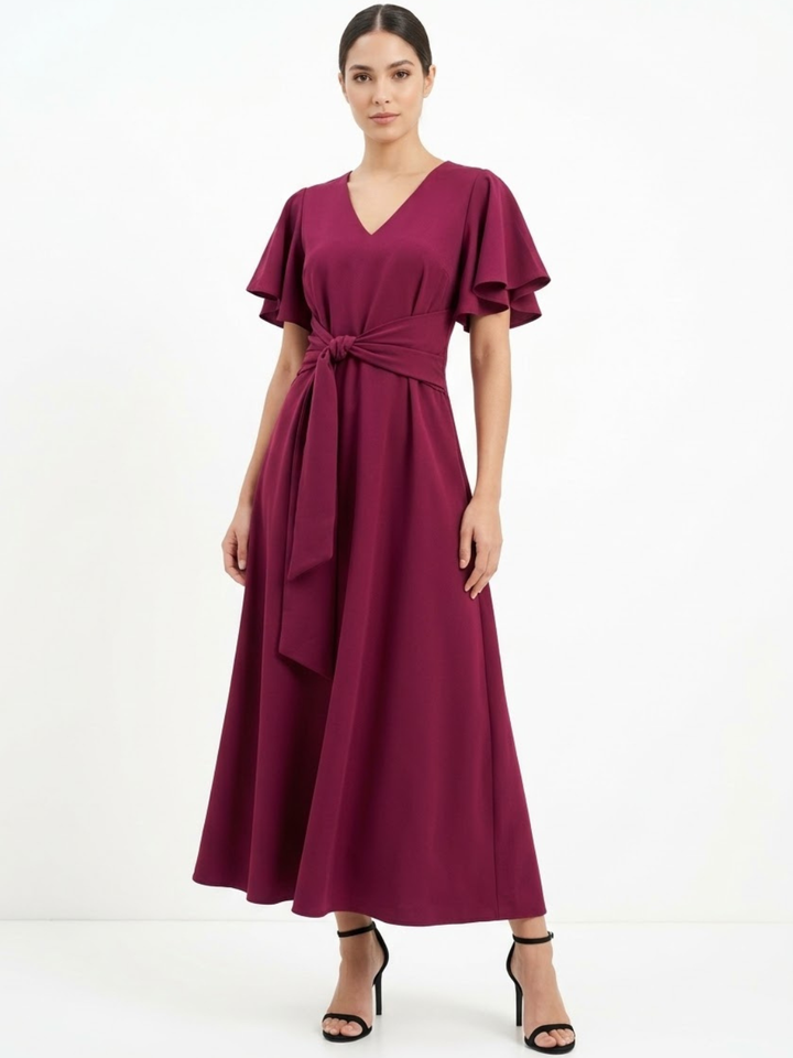 VESTIDO CASUAL CON FALDA EN CORTE A Y LAZO DAFNE VINO