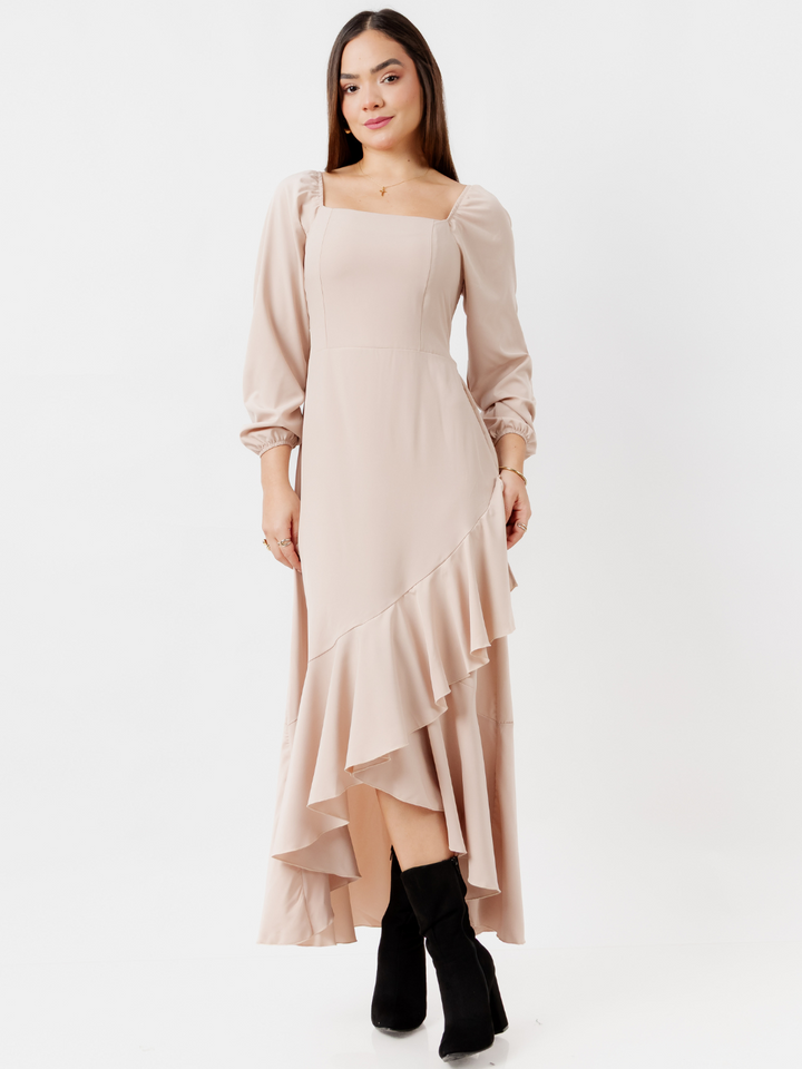 VESTIDO CON BOBO EN LA FALDA SOFIA NUDE