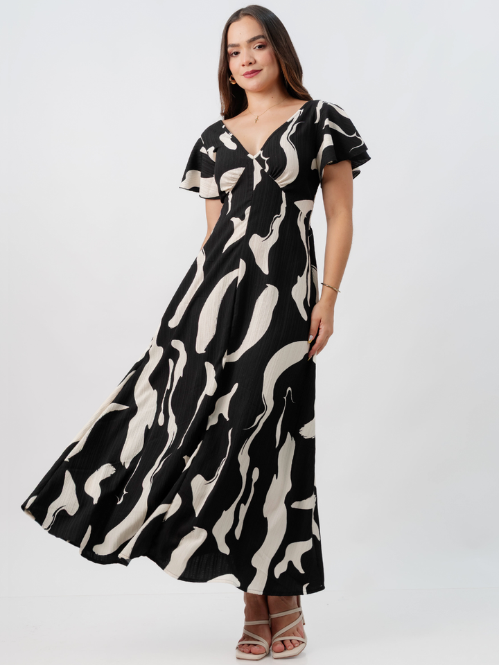 VESTIDO LARGO CORTE A BRENDA NEGRO/PERLA