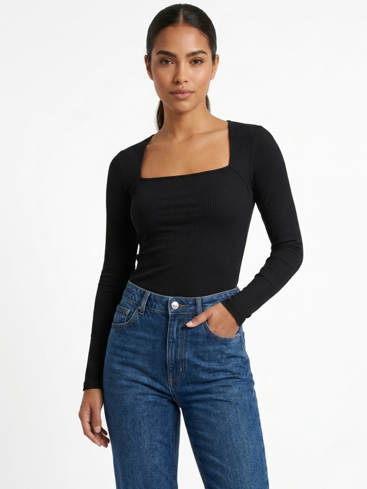 POLO MANGA LARGA CON CUELLO CUADRADO AINA NEGRO