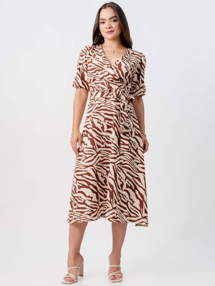VESTIDO MIDI EN CORTE A CON LAZO SOLEDAD CHOCOLATE/NUDE