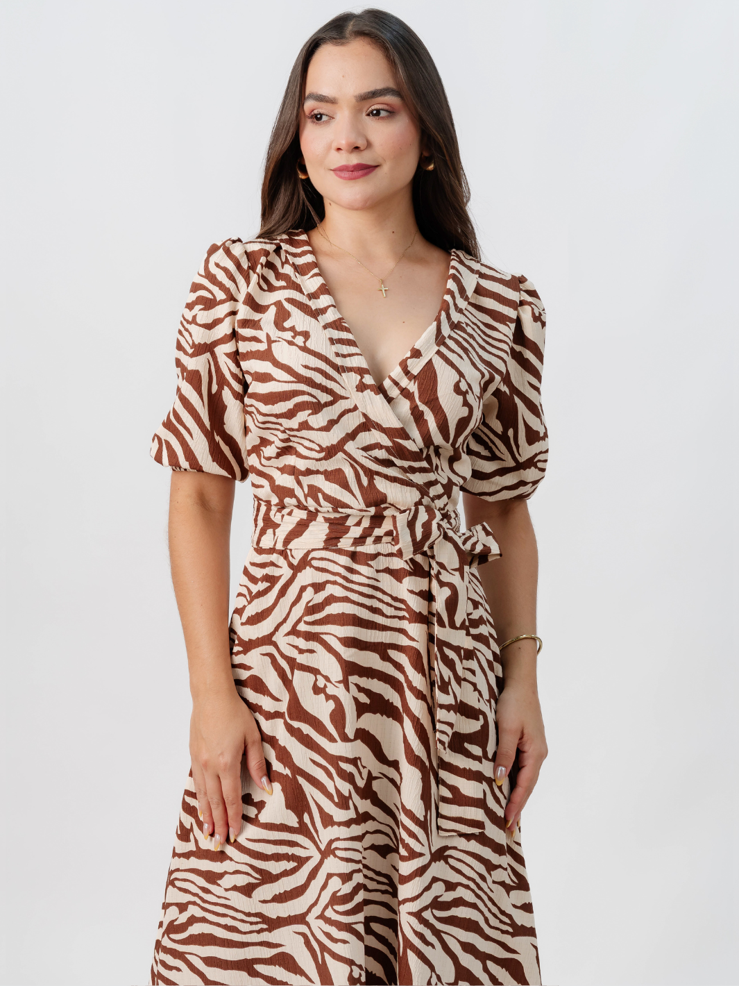 VESTIDO MIDI EN CORTE A CON LAZO SOLEDAD CHOCOLATE/NUDE