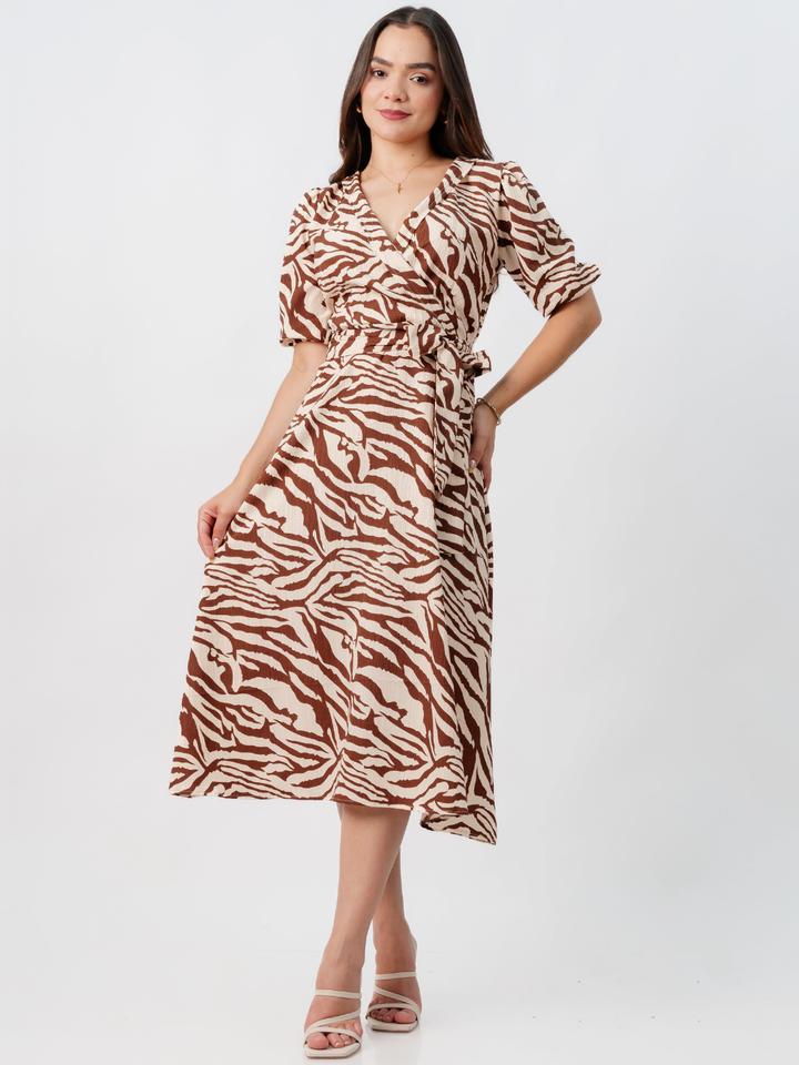 VESTIDO MIDI EN CORTE A CON LAZO SOLEDAD CHOCOLATE/NUDE