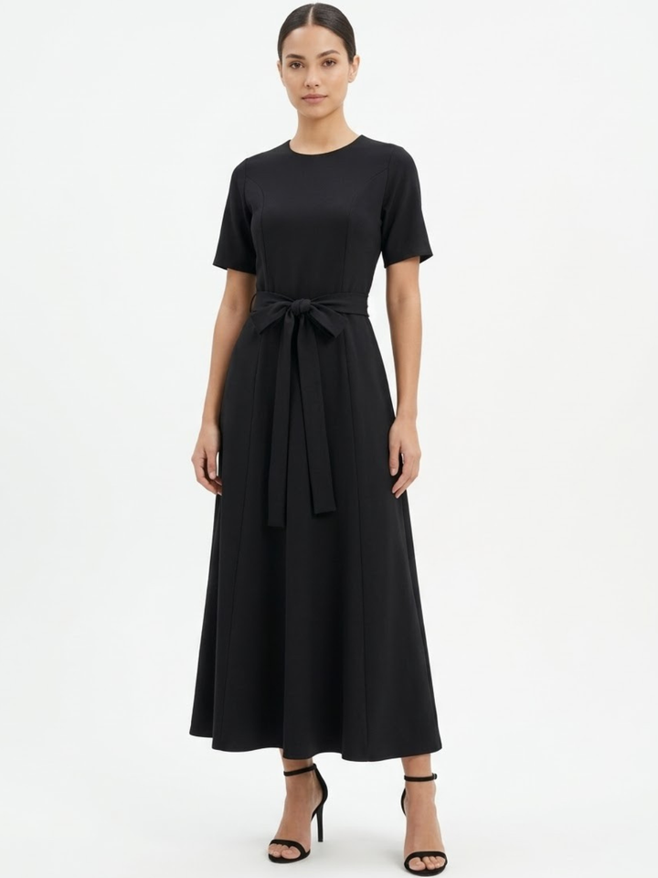 VESTIDO CASUAL MANGA CORTA CON LAZO MIREYA NEGRO