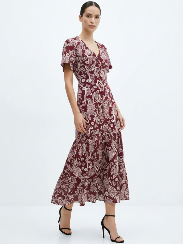 VESTIDO CASUAL CON BOTONES DELANTEROS MONSERRAT VINO FLOREADO