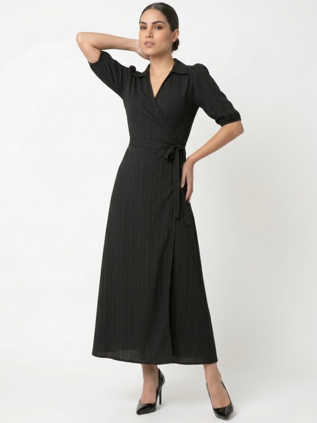 VESTIDO ENVOLVENTE CON CUELLO CAMISERO GRACE NEGRO