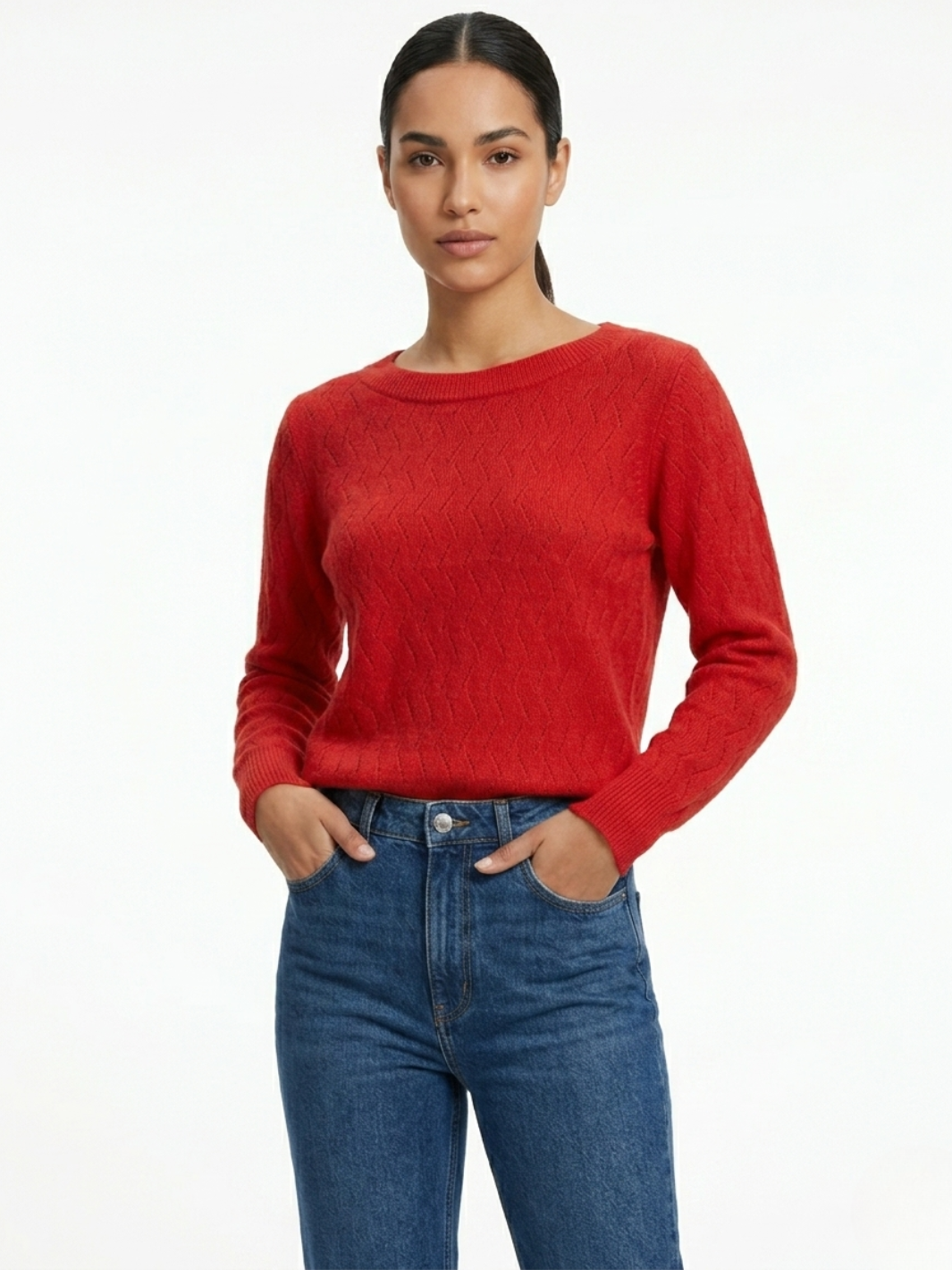 CHOMPA TEJIDA CON CUELLO OJAL CECILIA ROJO