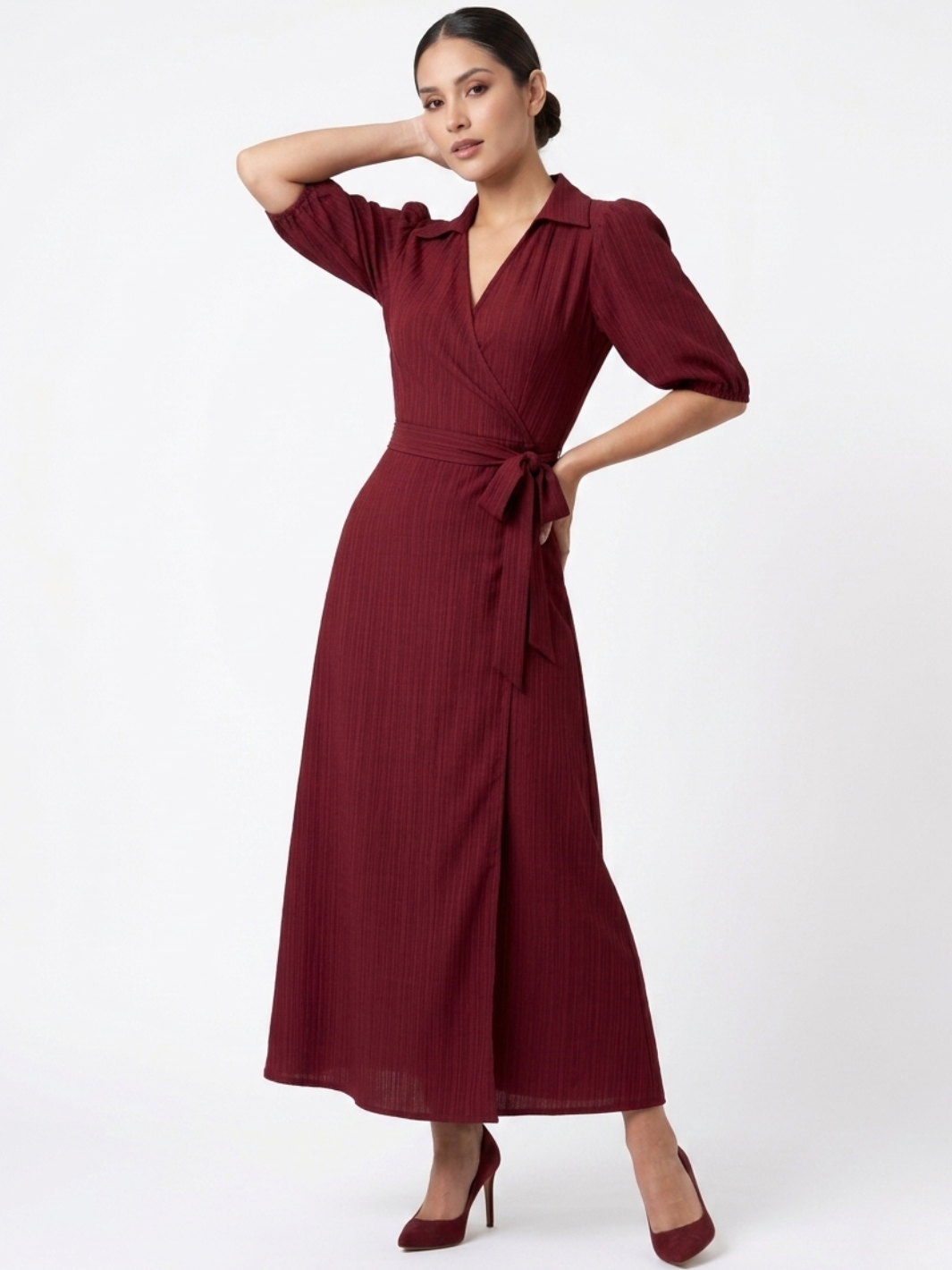 VESTIDO ENVOLVENTE CON CUELLO CAMISERO GRACE VINO