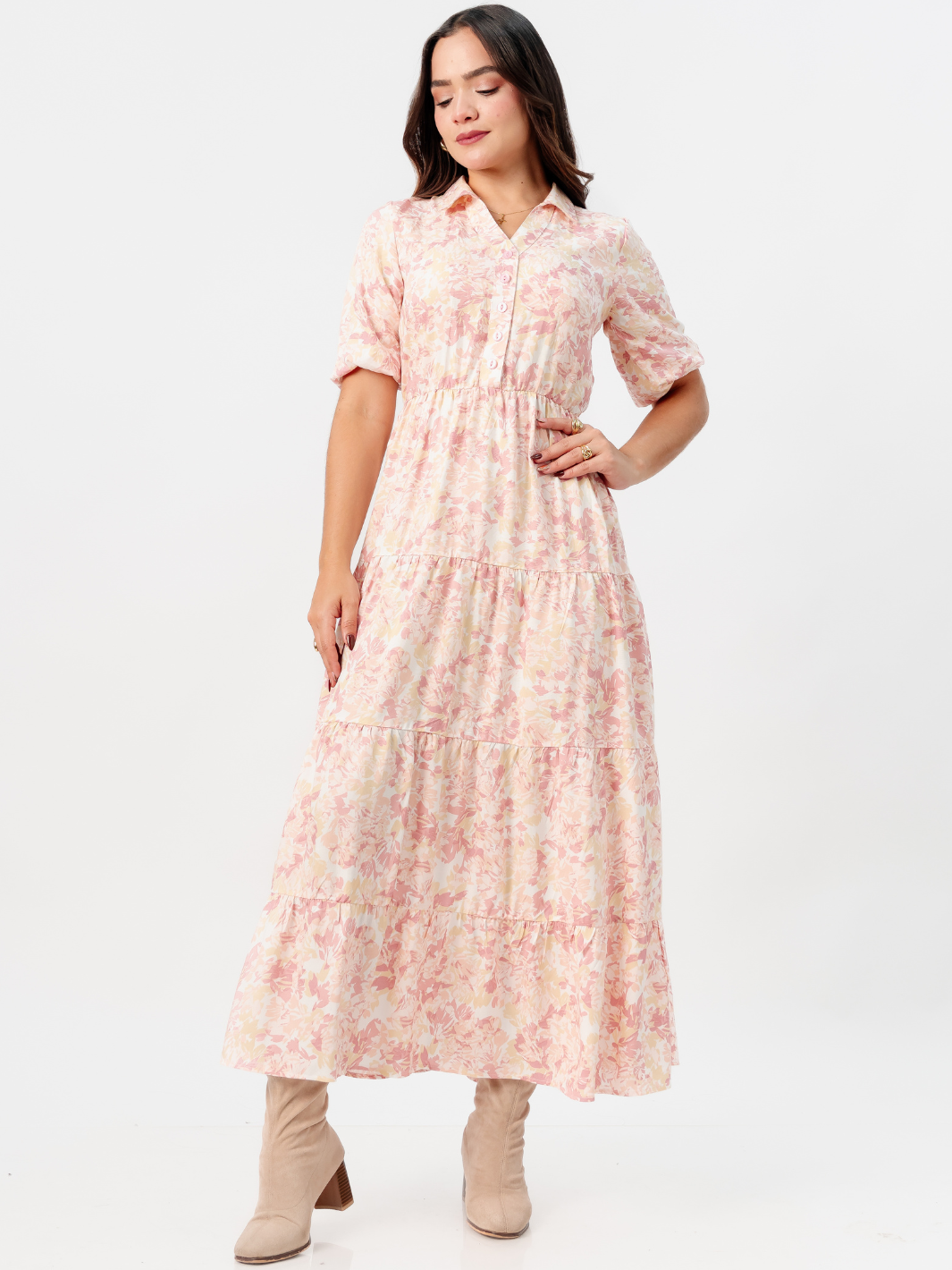 VESTIDO CAMISERO CON FALDA EN TIEMPOS ZAMIRA CORAL FLOREADO