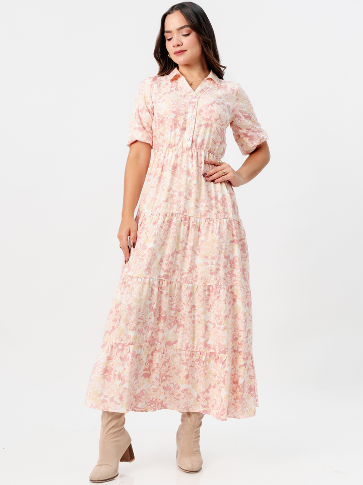 VESTIDO CAMISERO CON FALDA EN TIEMPOS ZAMIRA CORAL FLOREADO