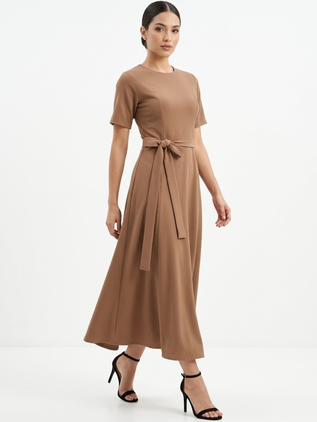 VESTIDO CASUAL MANGA CORTA CON LAZO MIREYA TOPO