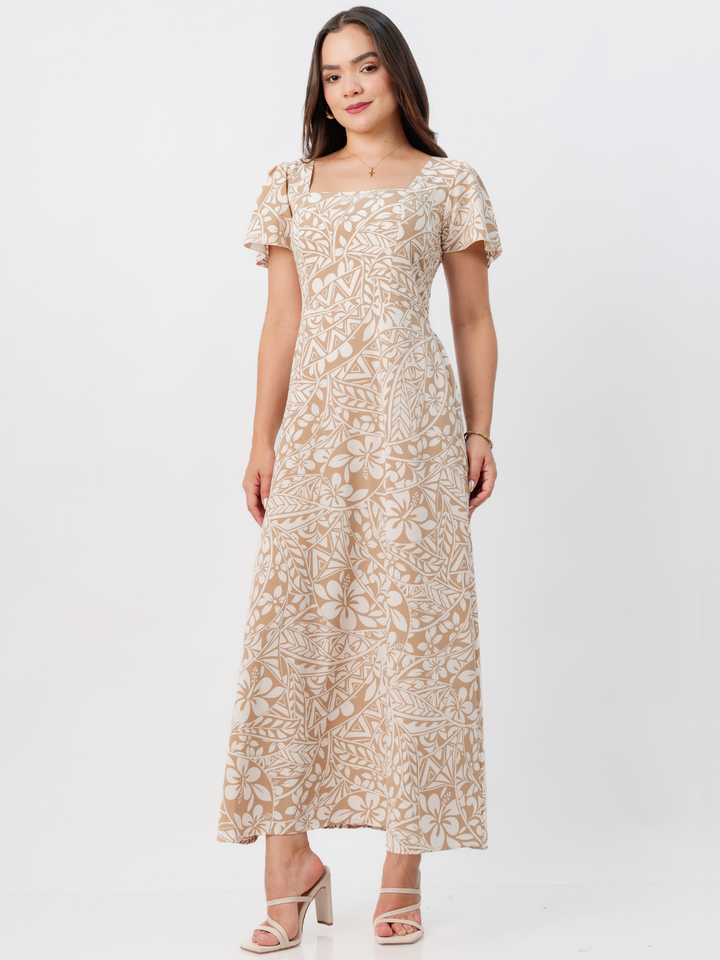 VESTIDO CASUAL LARGO AMELIA NUDE FLOREADO