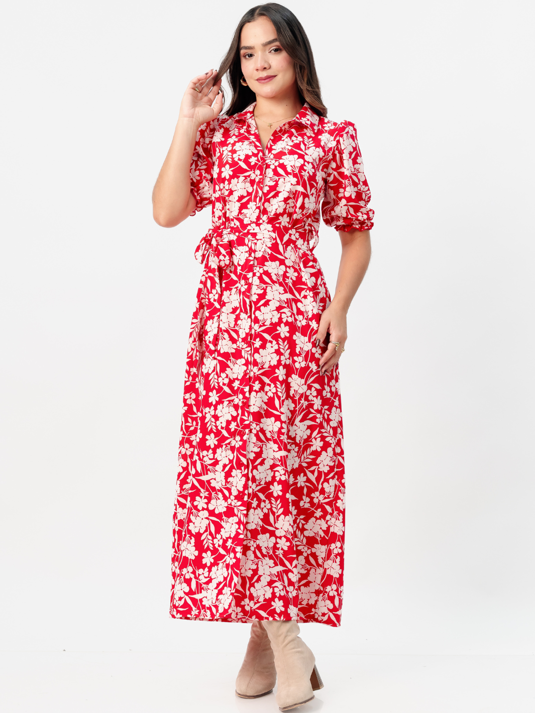 VESTIDO CAMISERO CON CINTURON ASIA ROJO FLOREADO