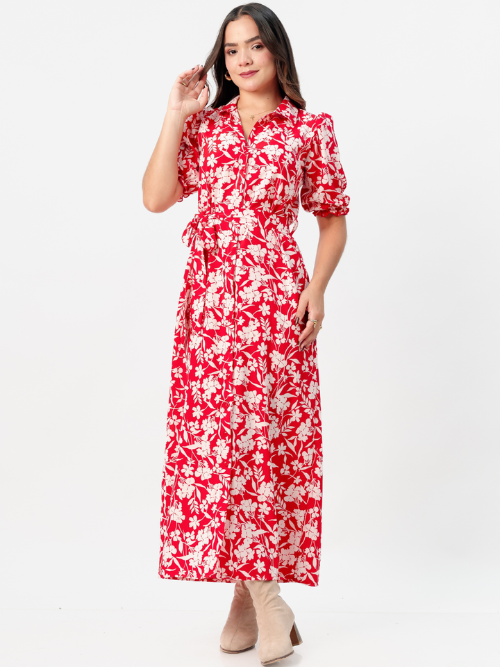 VESTIDO CAMISERO CON CINTURON ASIA ROJO FLOREADO