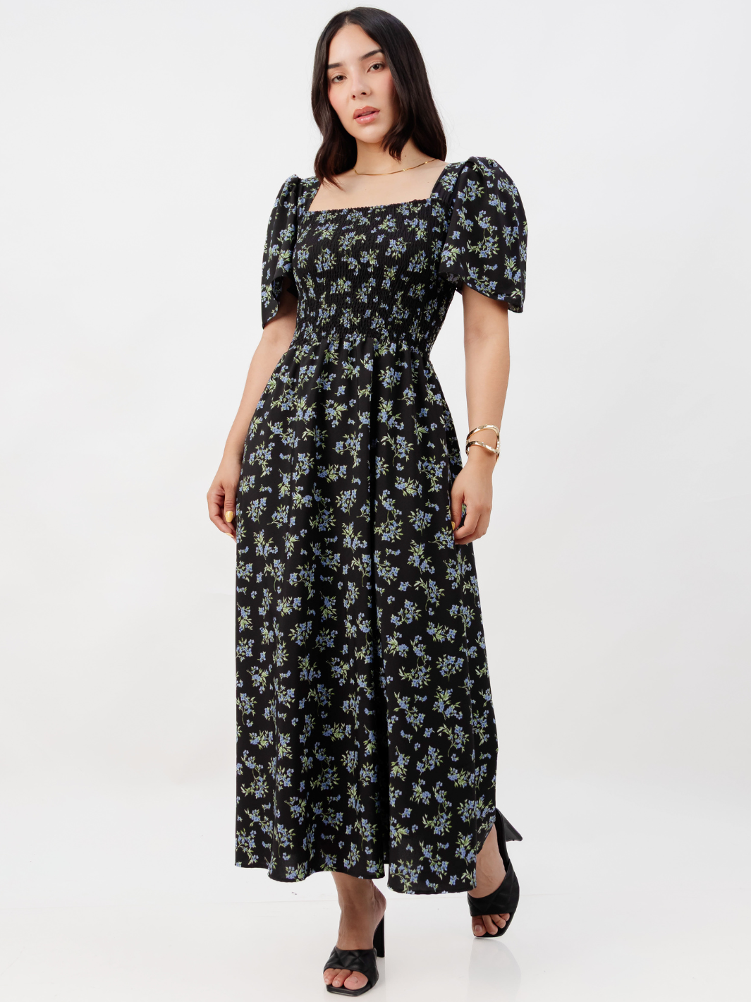 VESTIDO CASUAL LARGO LUCRECIA NEGRO FLOREADO