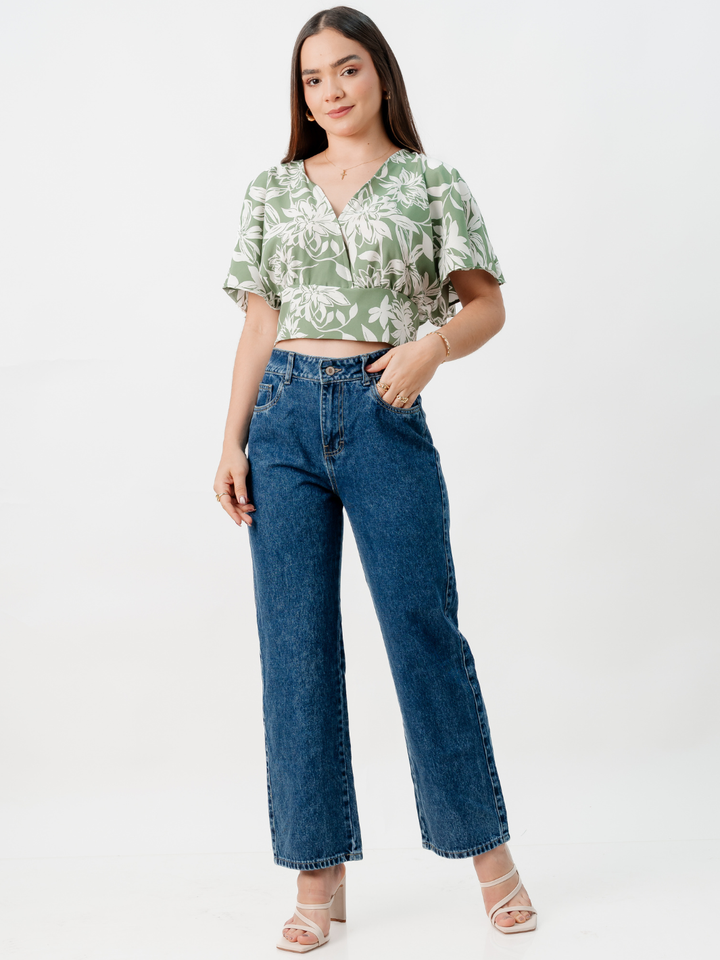 BLUSA CORTA CON MANGAS CON VUELO ROSIE VERDE/PERLA