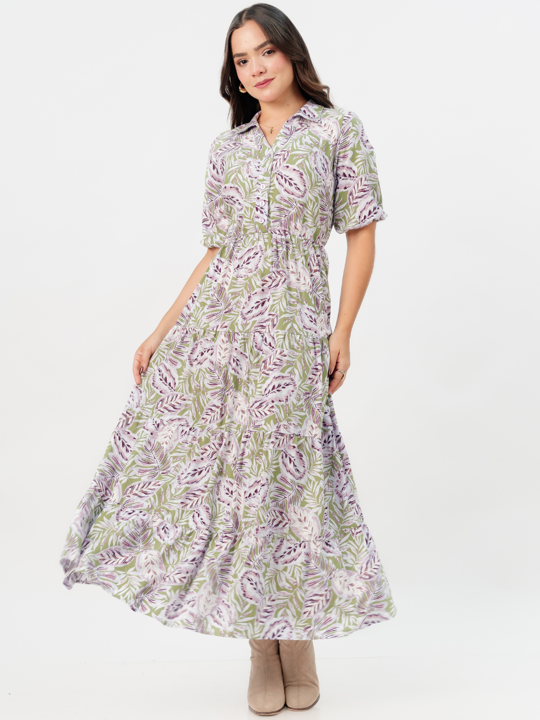 VESTIDO CAMISERO CON FALDA EN TIEMPOS ZAMIRA VERDE / LILA