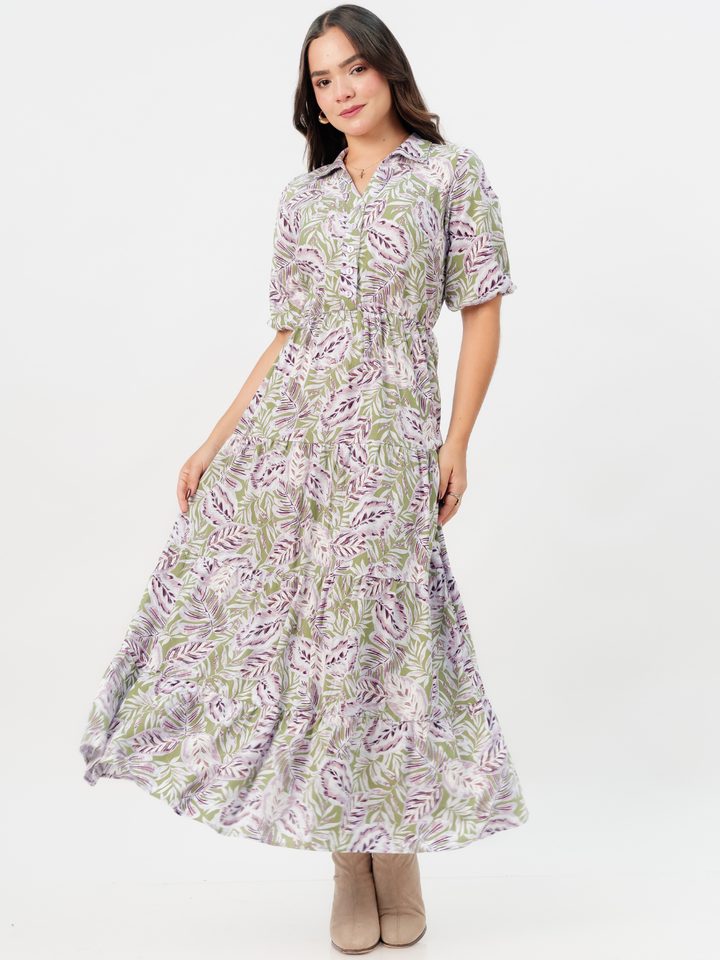 VESTIDO CAMISERO CON FALDA EN TIEMPOS ZAMIRA VERDE / LILA