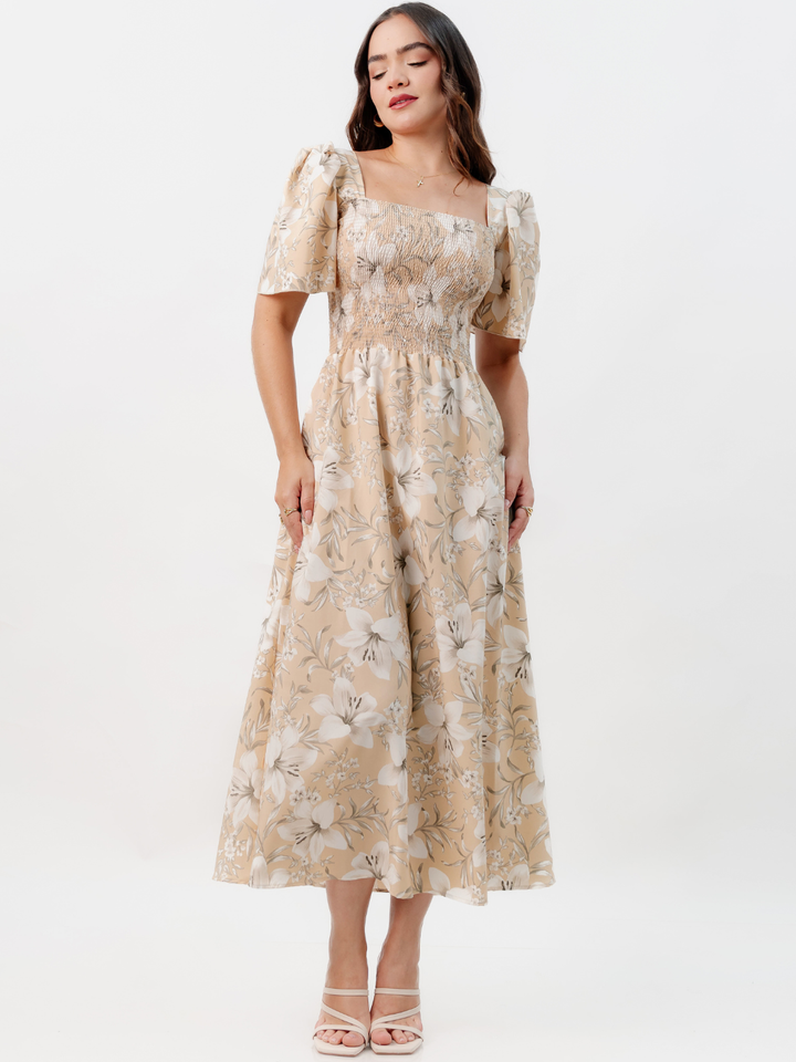 VESTIDO CASUAL LARGO LUCRECIA NUDE FLOREADO