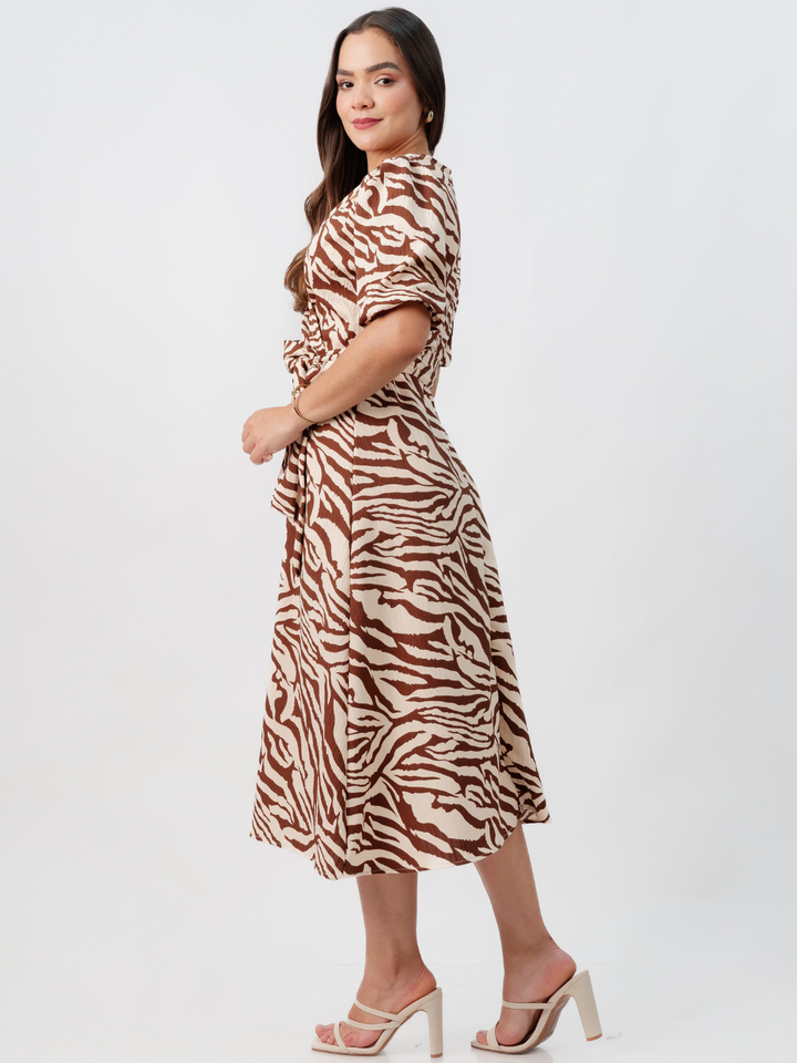 VESTIDO MIDI EN CORTE A CON LAZO SOLEDAD CHOCOLATE/NUDE