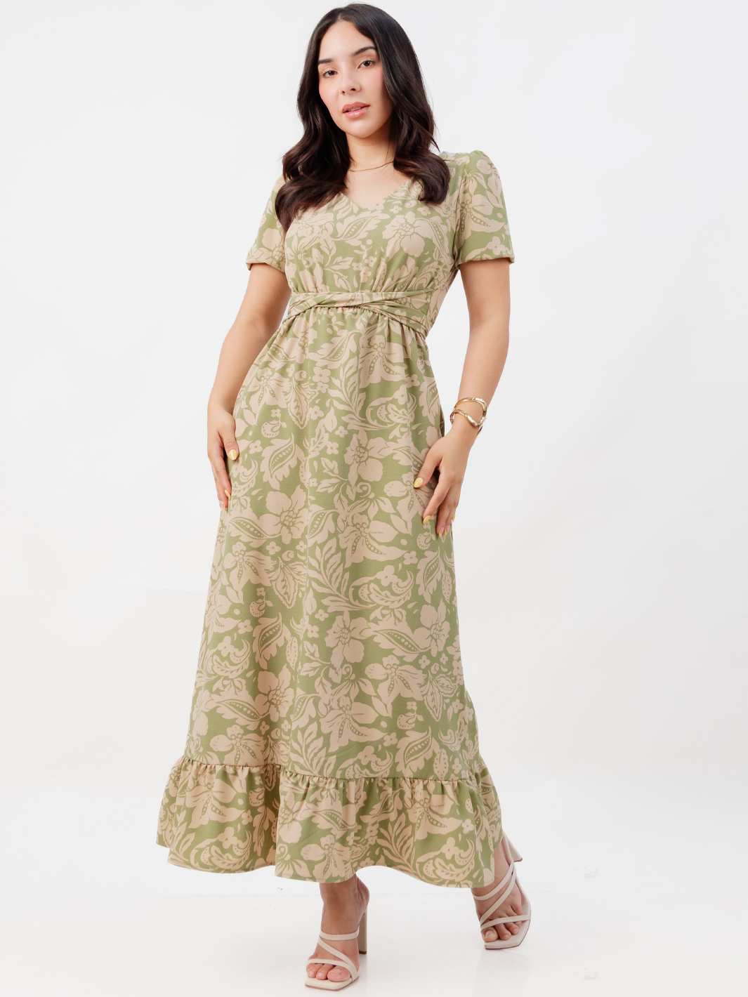 VESTIDO CASUAL LARGO REBECA VERDE FLOREADO