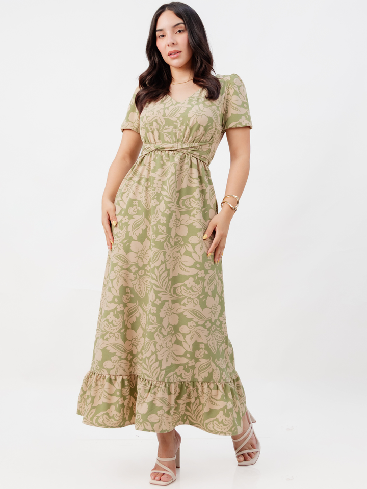 VESTIDO CASUAL LARGO REBECA VERDE FLOREADO