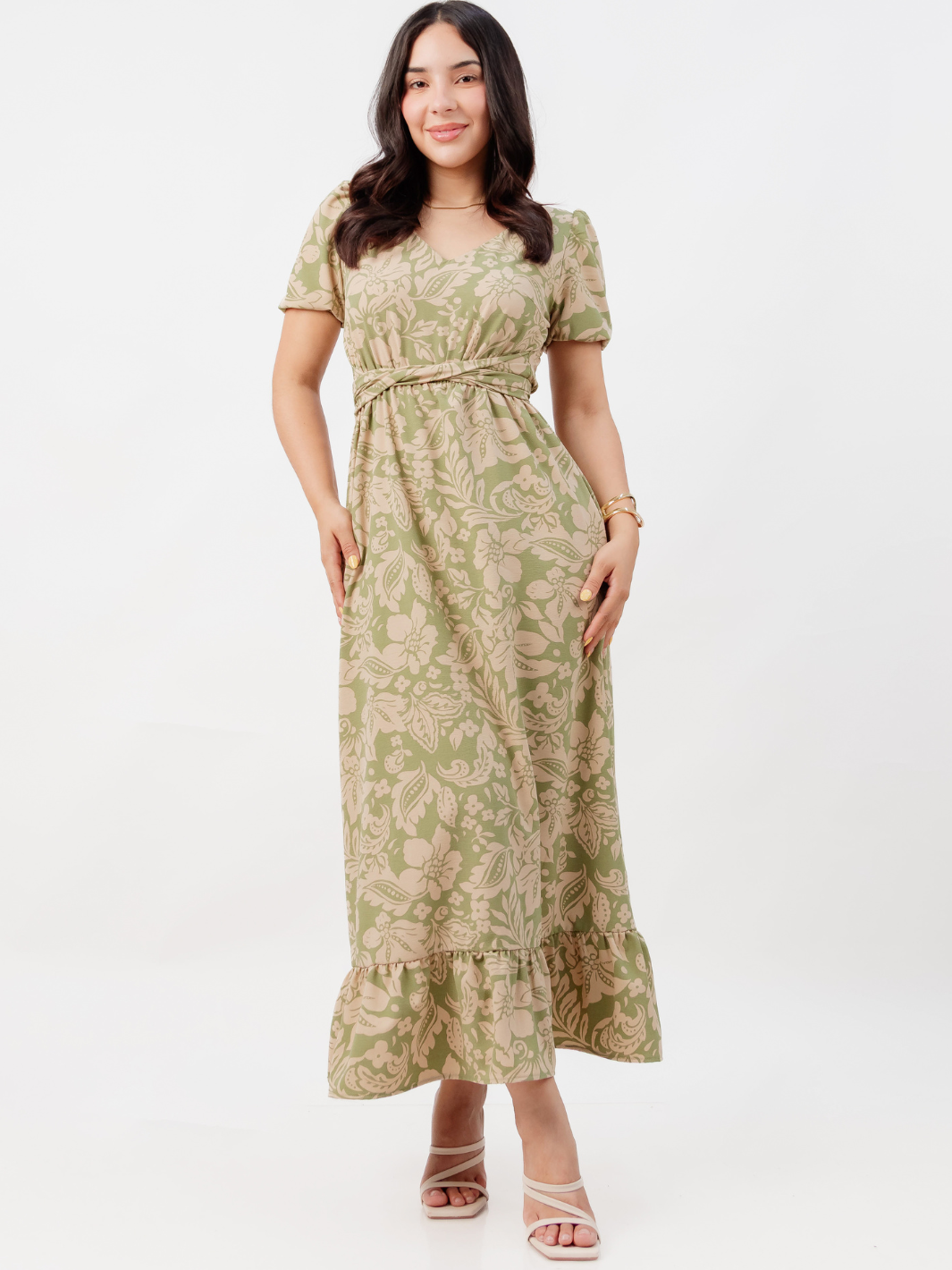 VESTIDO CASUAL LARGO REBECA VERDE FLOREADO