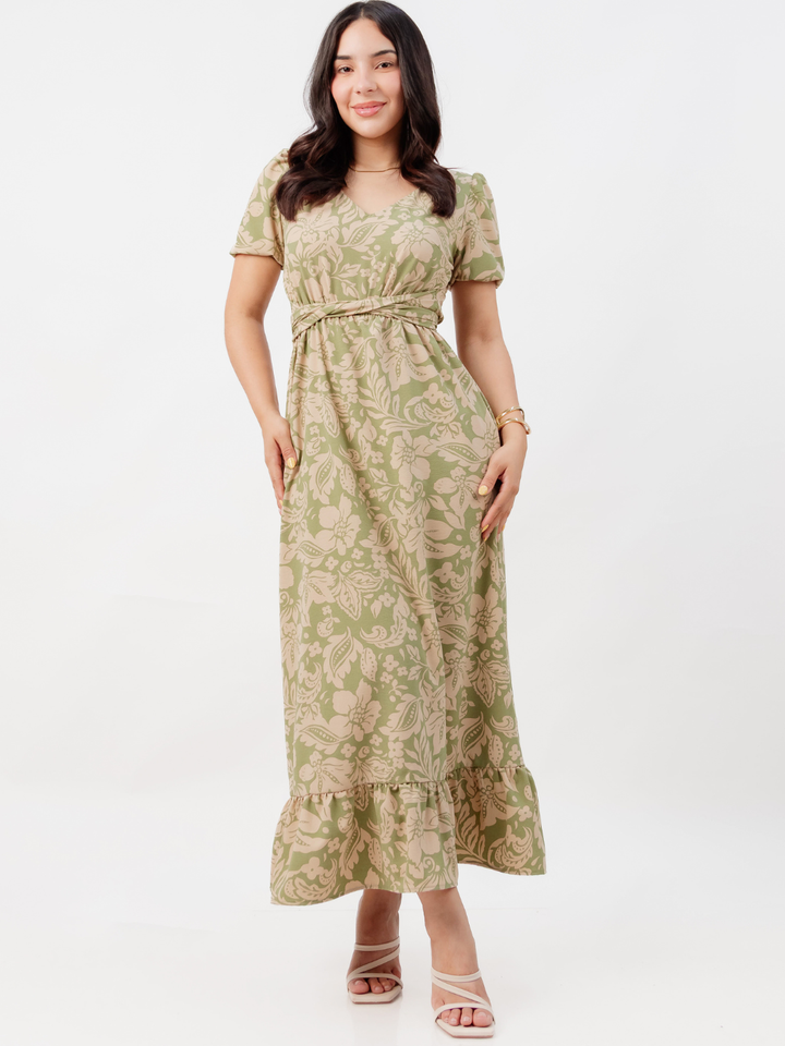 VESTIDO CASUAL LARGO REBECA VERDE FLOREADO