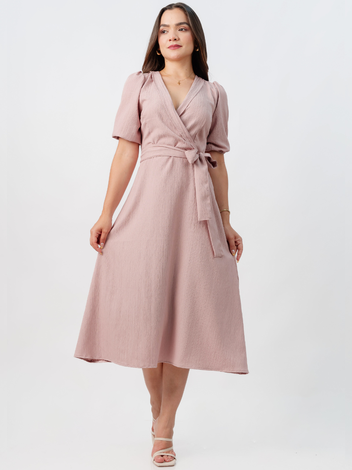 VESTIDO MIDI EN CORTE A CON LAZO SOLEDAD ROSA