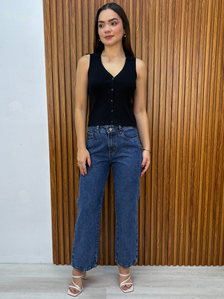 TOP TEJIDO CUELLO CAMISERO LUPE NEGRO