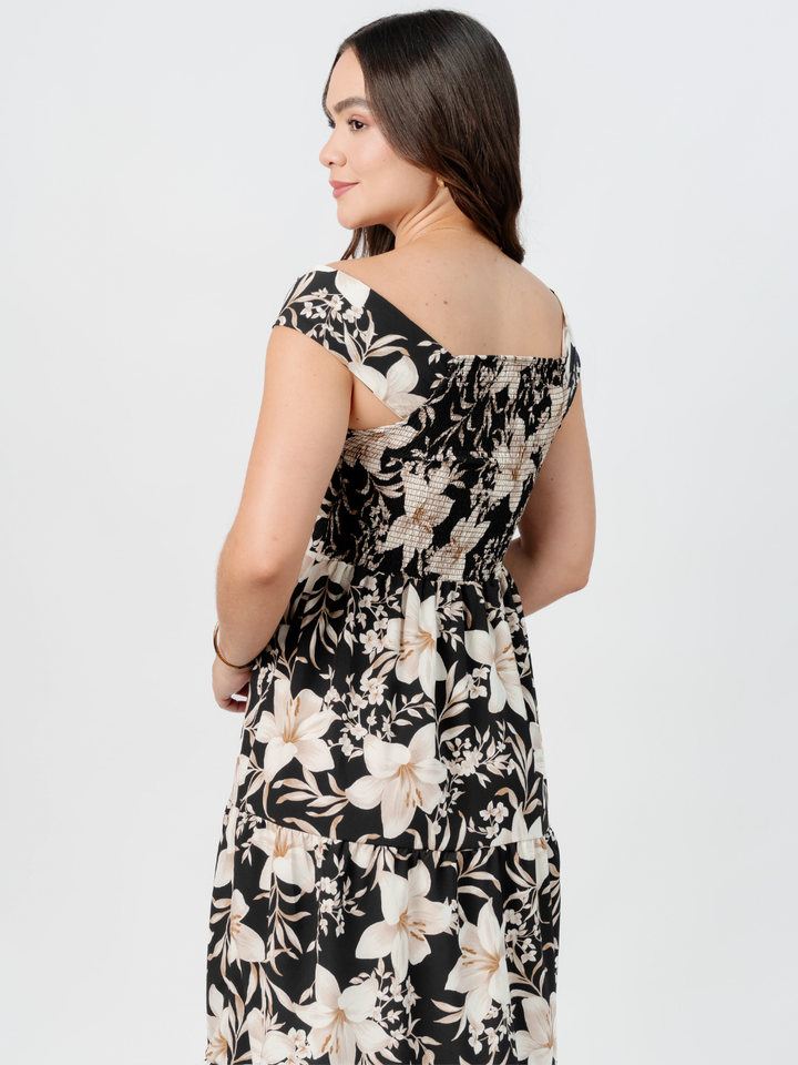 VESTIDO CASUAL CON ESCOTE SUTIL TERESA NEGRO FLOREADO