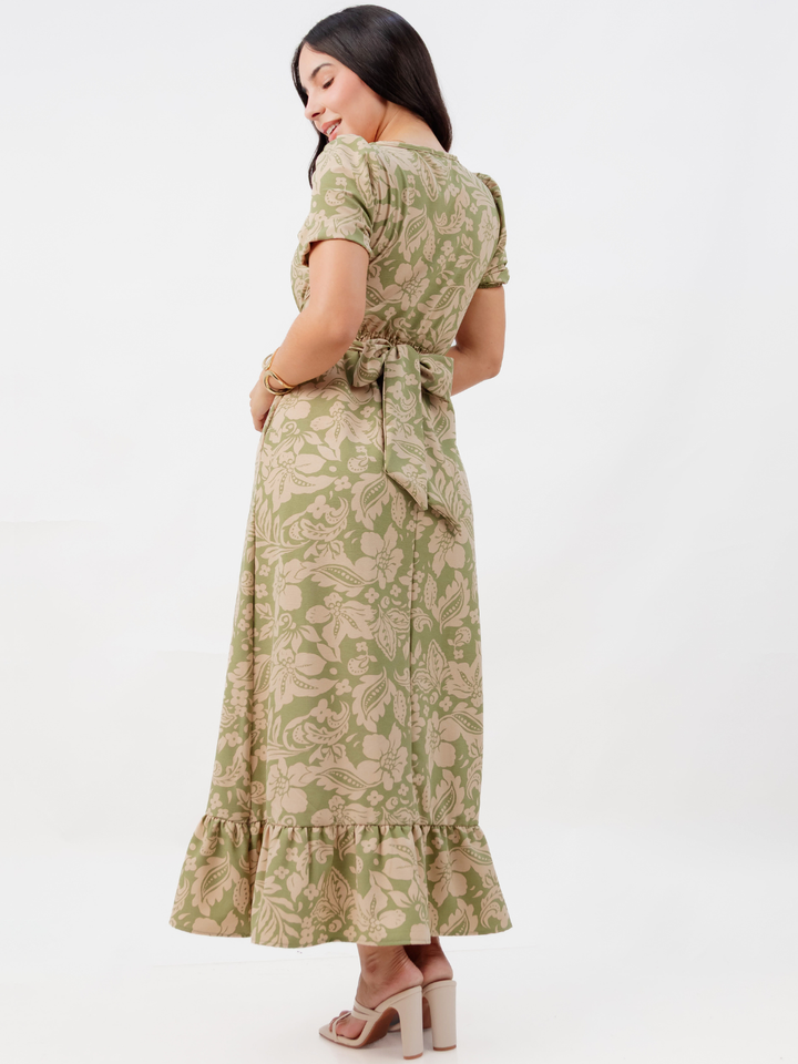 VESTIDO CASUAL LARGO REBECA VERDE FLOREADO