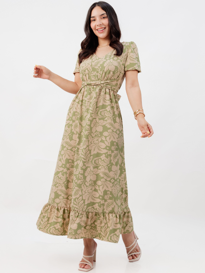 VESTIDO CASUAL LARGO REBECA VERDE FLOREADO