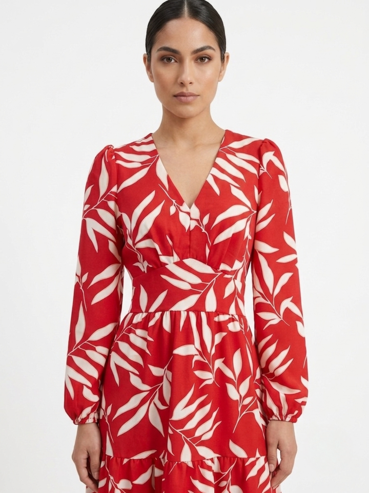VESTIDO CASUAL CON FALDA EN TIEMPOS MEILYN ROJO FLOREADO