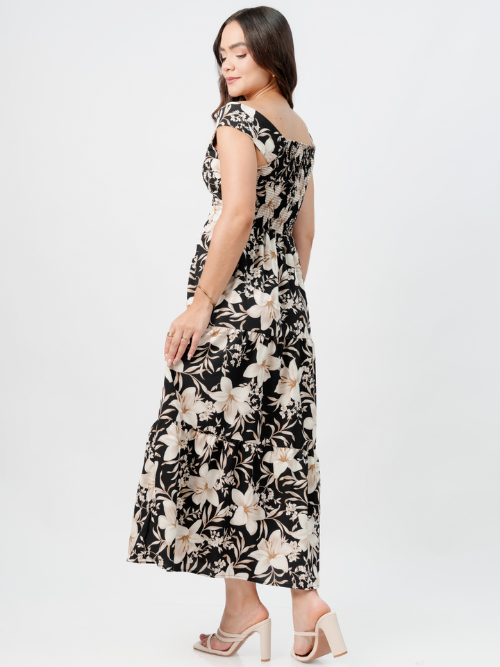 VESTIDO CASUAL CON ESCOTE SUTIL TERESA NEGRO FLOREADO