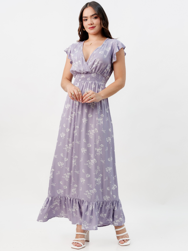 VESTIDO CASUAL LARGO SAYURI LILA FLOREADO