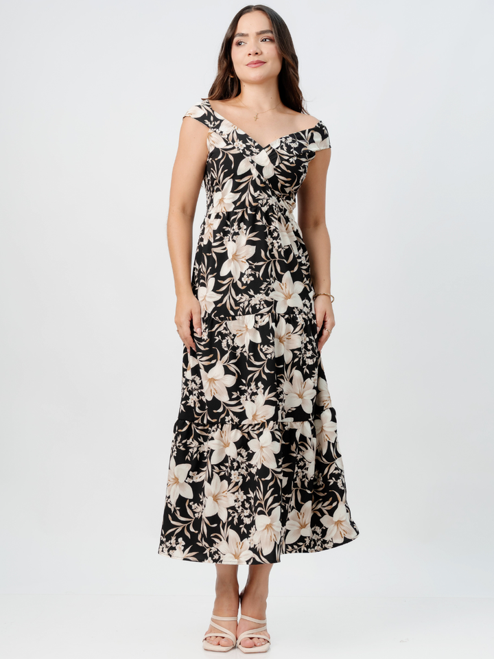 VESTIDO CASUAL CON ESCOTE SUTIL TERESA NEGRO FLOREADO
