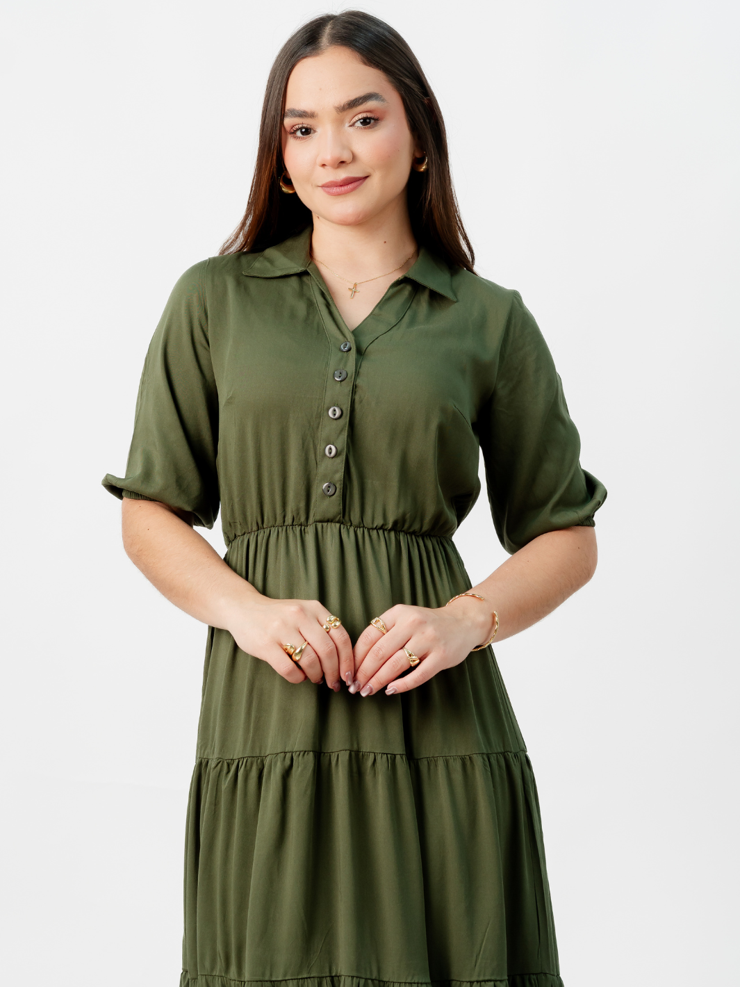 VESTIDO CAMISERO CON FALDA EN TIEMPOS ZAMIRA VERDE