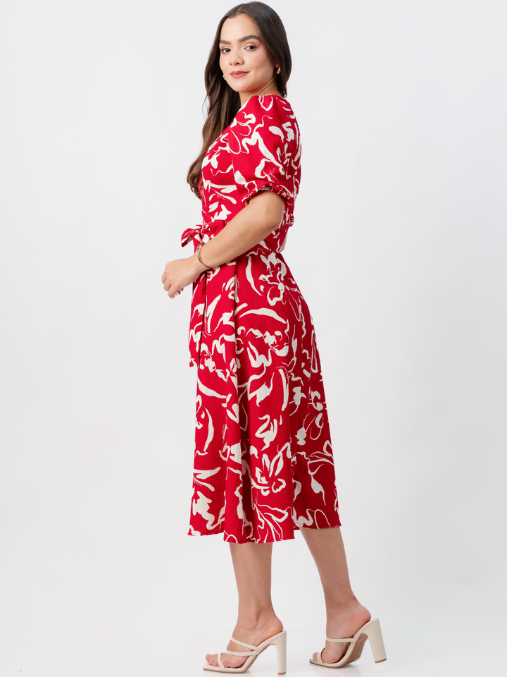 VESTIDO MIDI EN CORTE A CON LAZO SOLEDAD ROJO FLOREADO