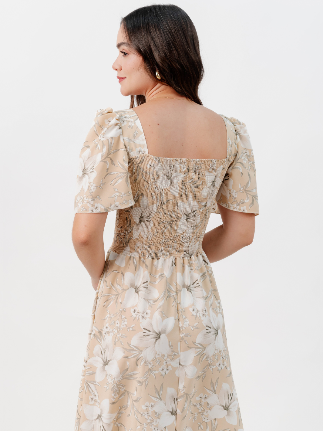 VESTIDO CASUAL LARGO LUCRECIA NUDE FLOREADO