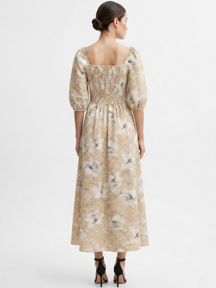 VESTIDO LARGO CON BOTONES MAGDALENA BEIGE FLOREADO