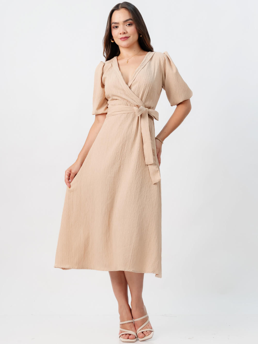 VESTIDO MIDI EN CORTE A CON LAZO SOLEDAD NUDE