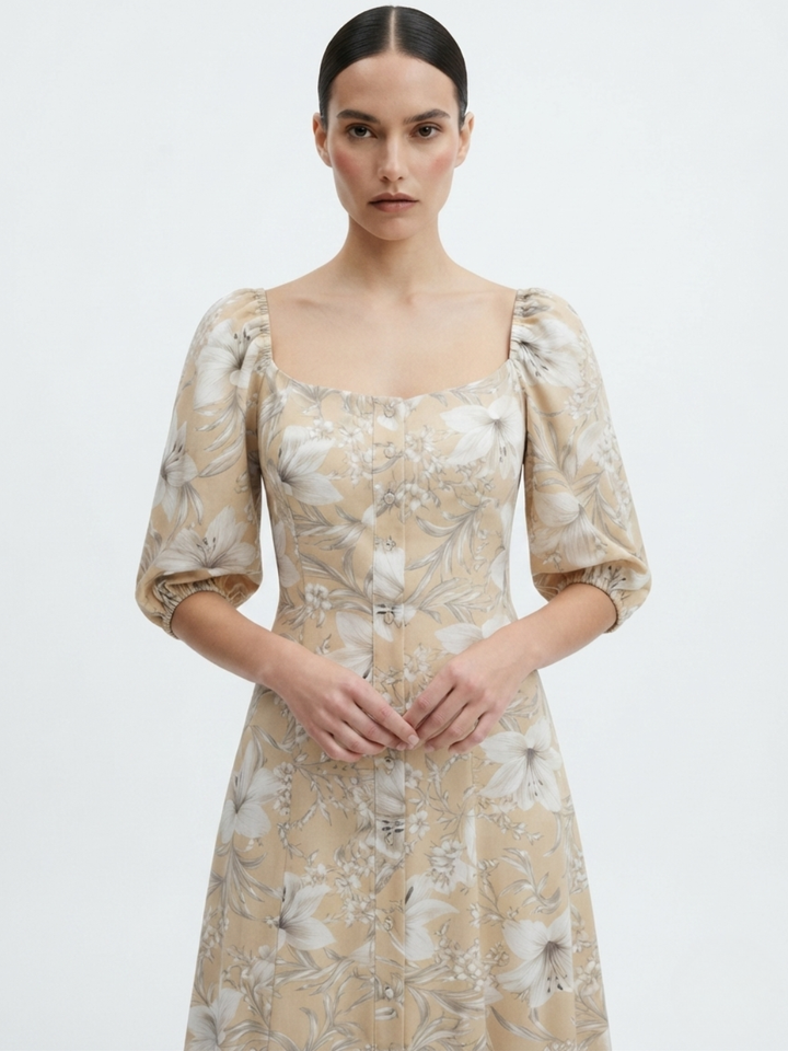 VESTIDO LARGO CON BOTONES MAGDALENA BEIGE FLOREADO