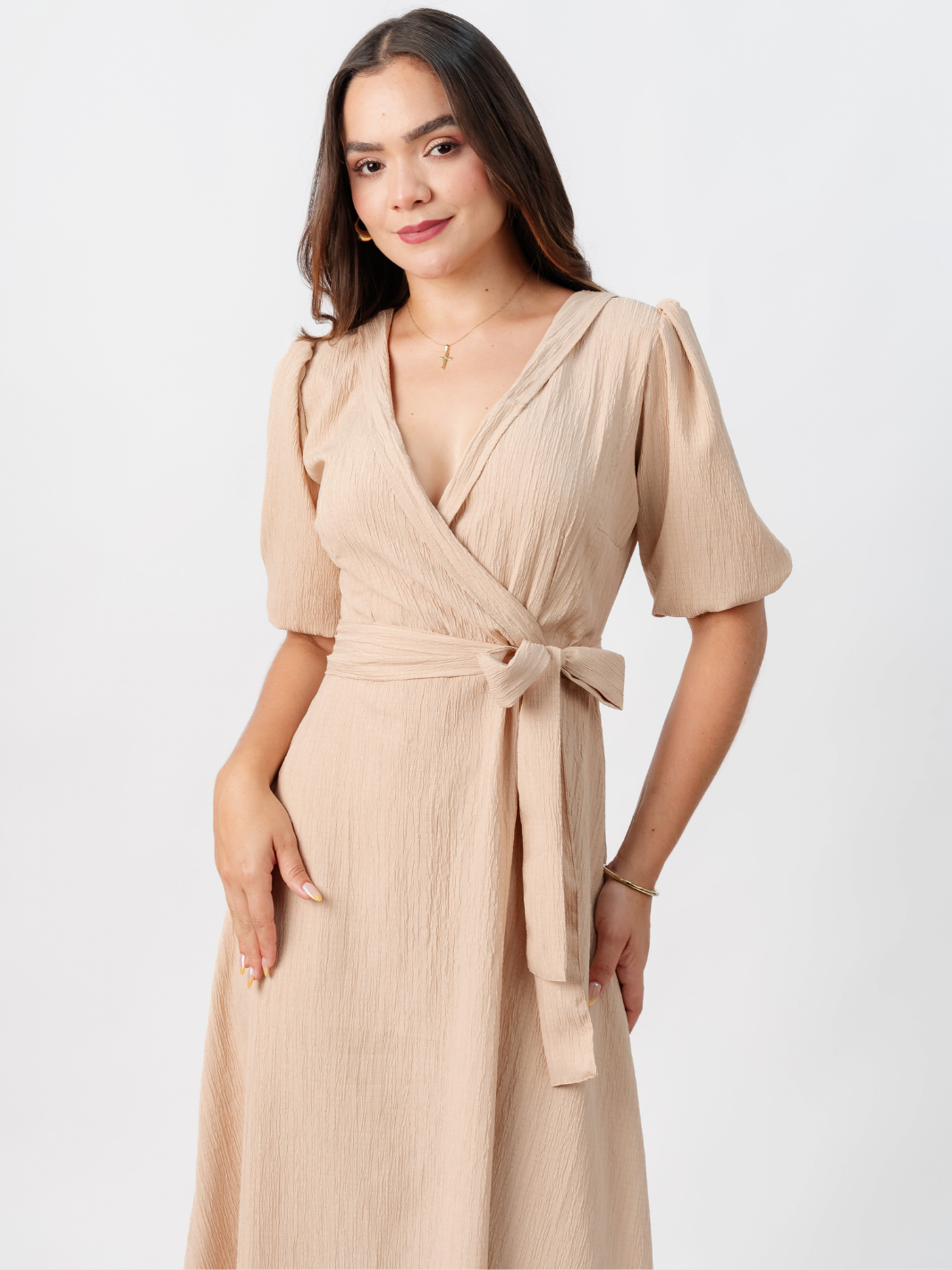 VESTIDO MIDI EN CORTE A CON LAZO SOLEDAD NUDE