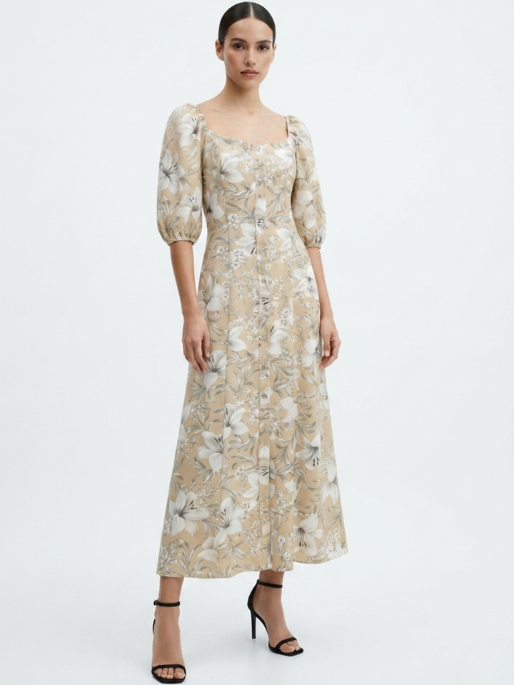 VESTIDO LARGO CON BOTONES MAGDALENA BEIGE FLOREADO