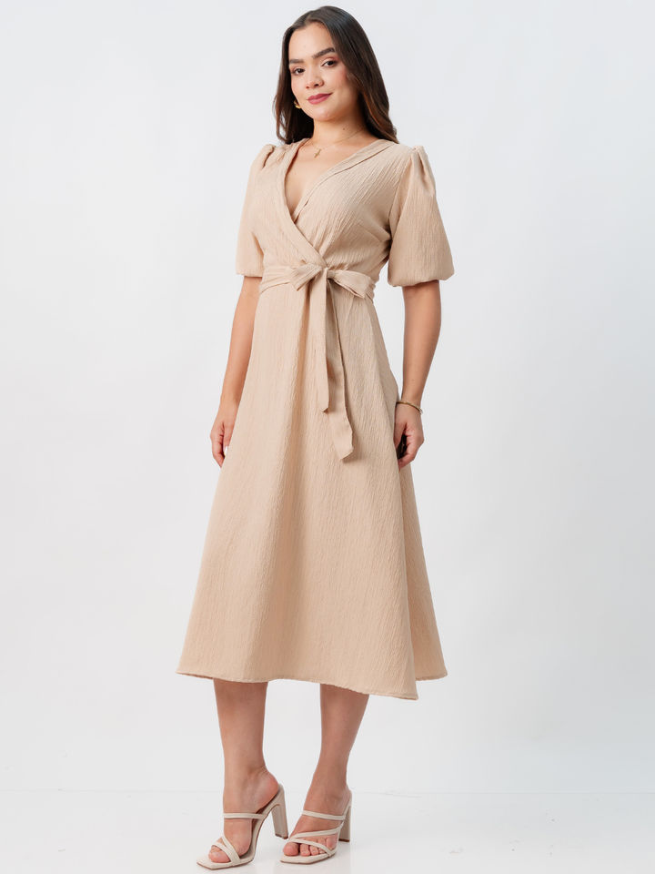 VESTIDO MIDI EN CORTE A CON LAZO SOLEDAD NUDE
