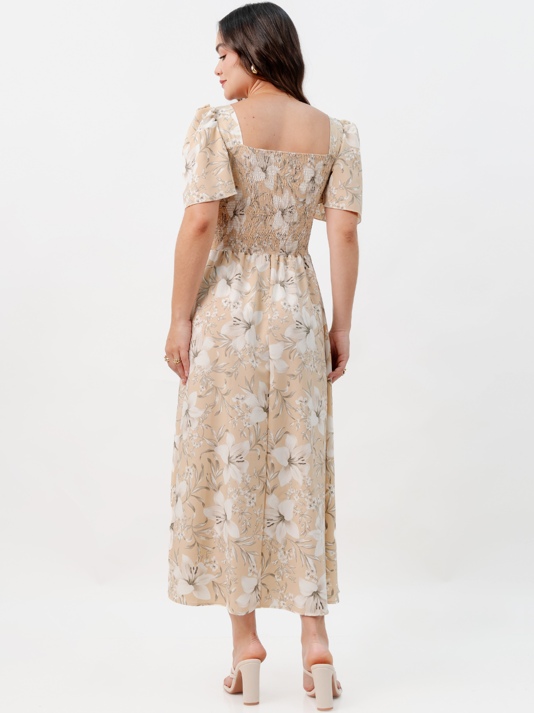 VESTIDO CASUAL LARGO LUCRECIA NUDE FLOREADO