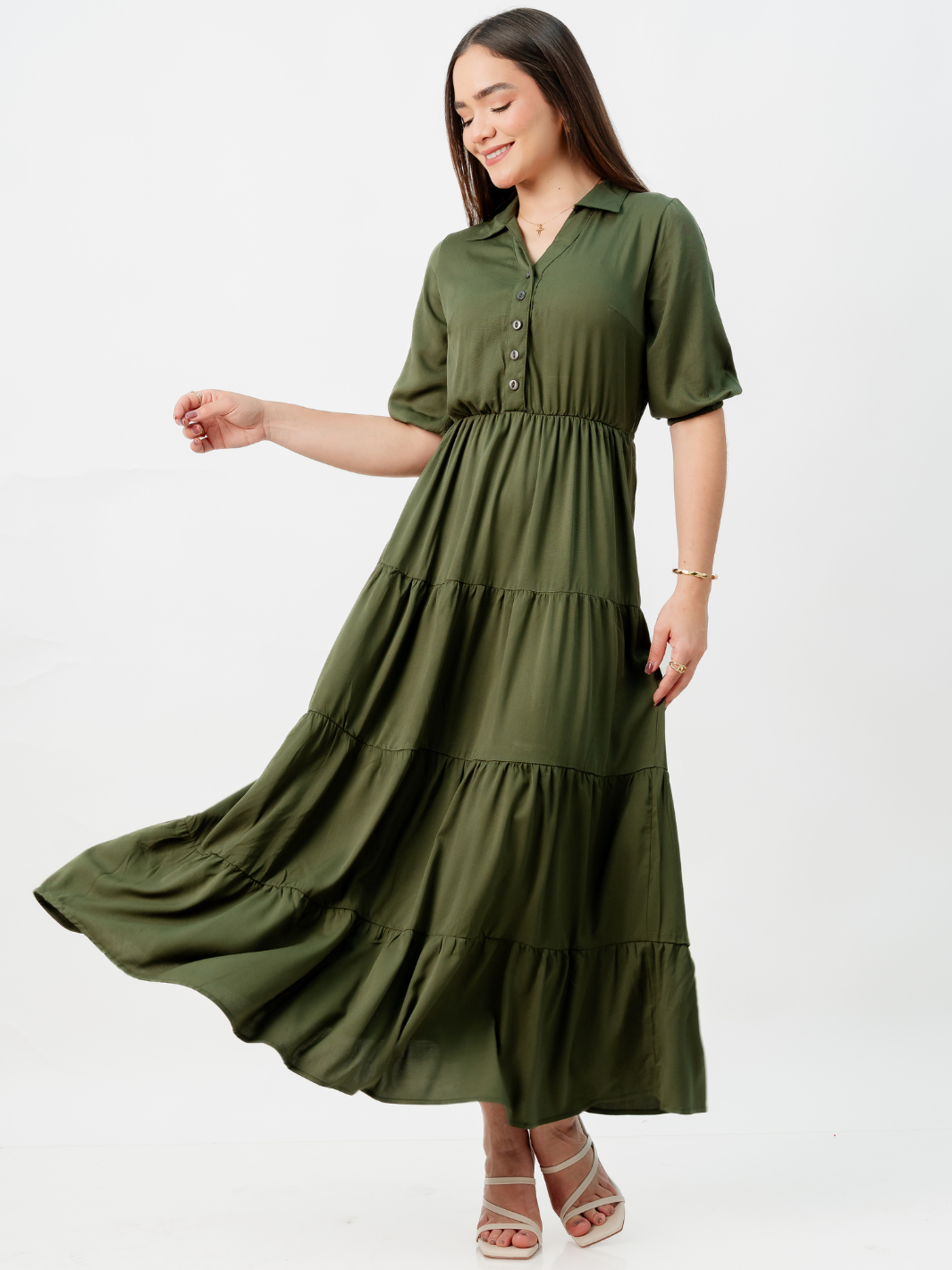 VESTIDO CAMISERO CON FALDA EN TIEMPOS ZAMIRA VERDE