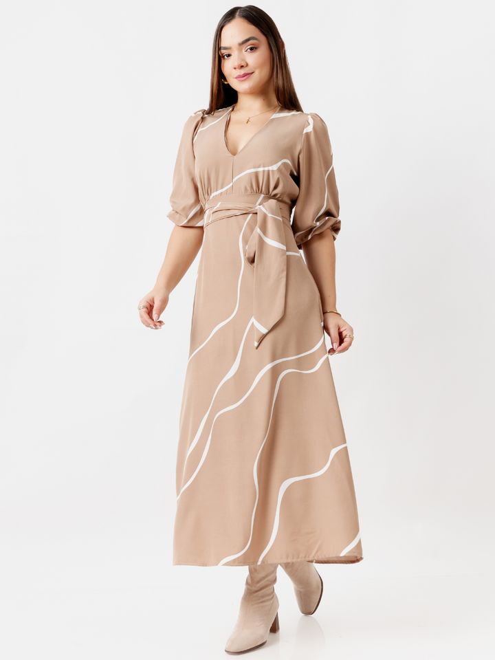 VESTIDO LARGO CON LAZO RAFA CAMEL