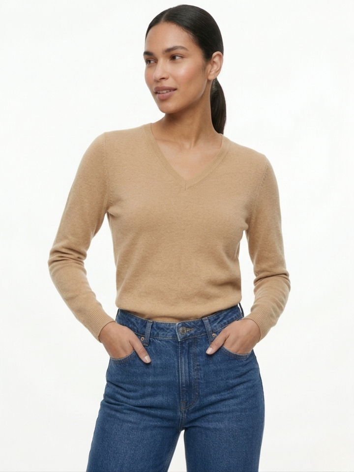 CHOMPA TEJIDA BASICA CUELLO V MELANIA BEIGE